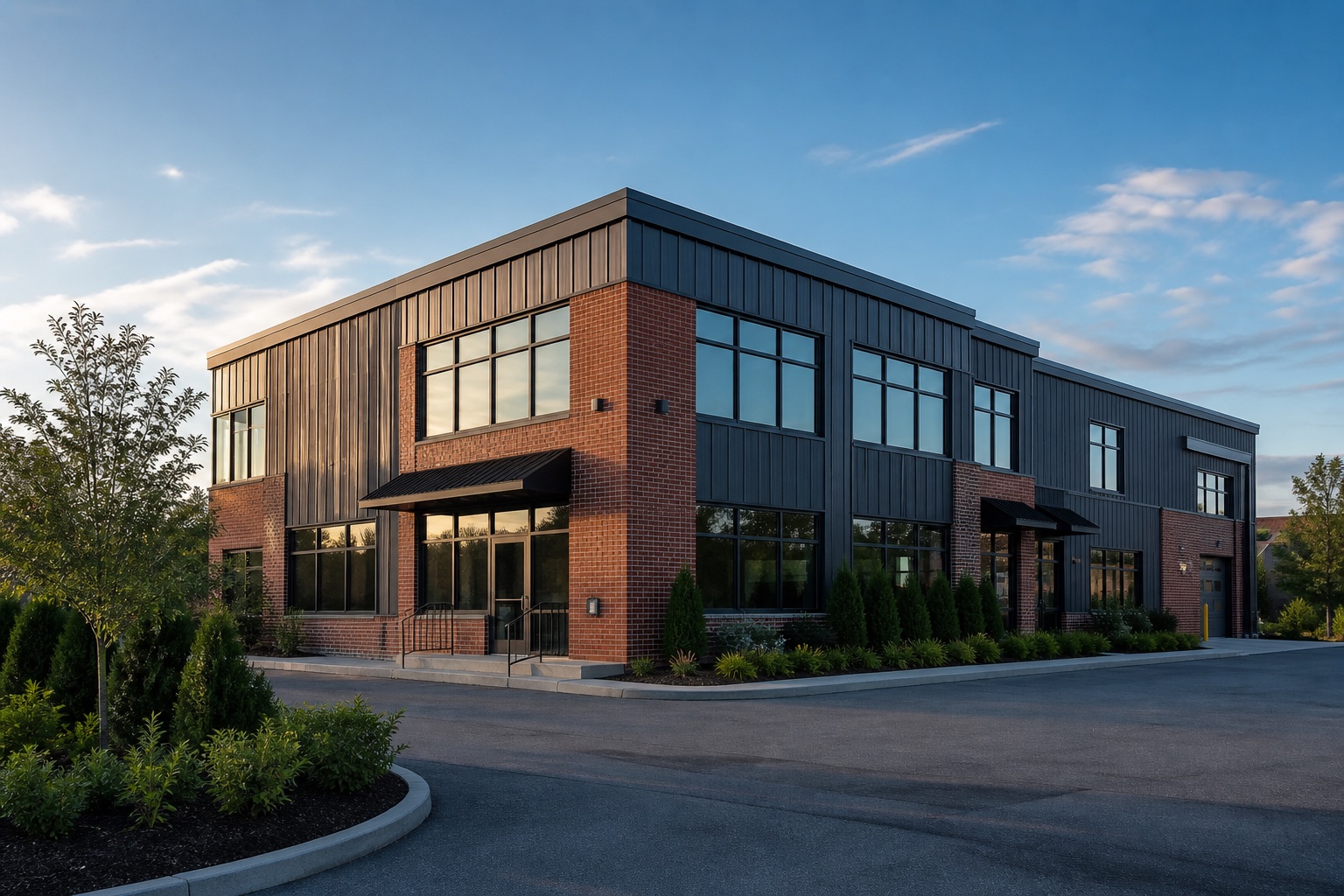 A low-rise New England commercial building